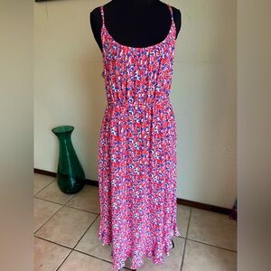 J. Crew Factory Ruffle Midi Curved Hem Dress 14 Women’s Red Blue Floral